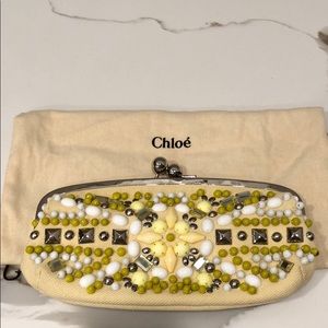 Chloe Cream Yellow Canvas Bead Kiss Lock Clutch